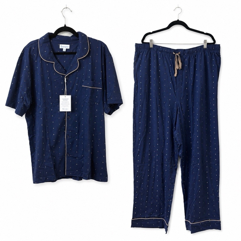 New Pajamagram Pajama Set Mens XXL Blue Micro Diamond Print Cotton‎ Knit Comfy